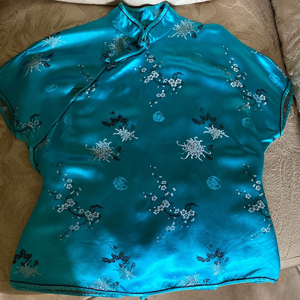 Turquoise Vintage Silk Satin Asian Style Top